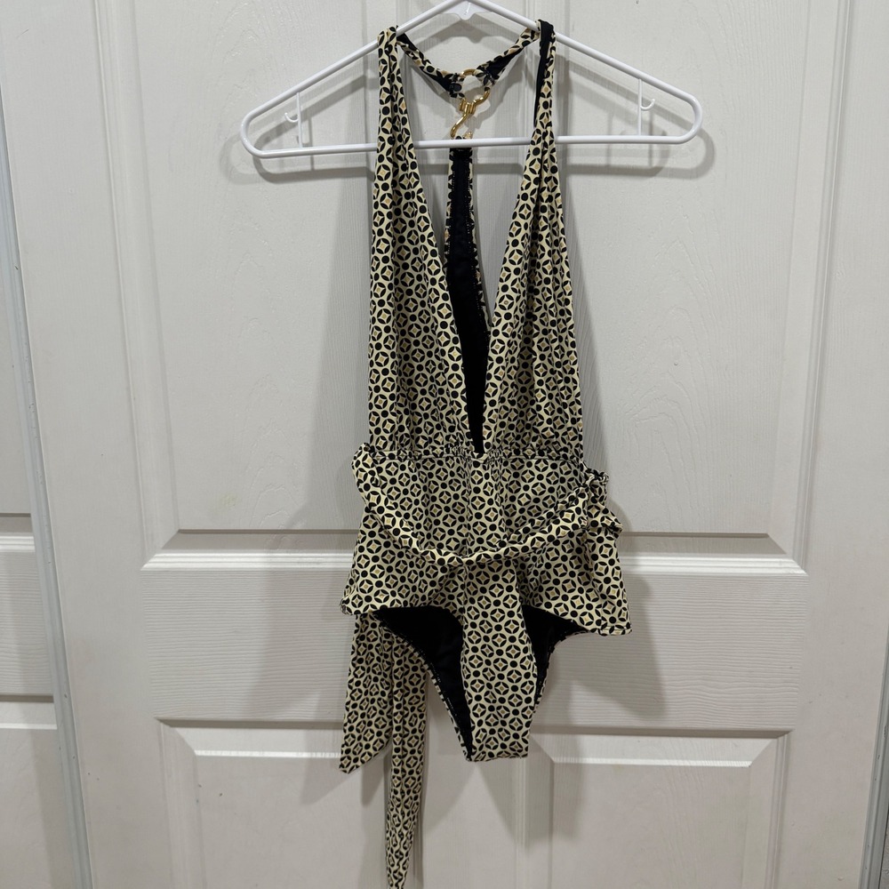 OndadeMar Geometric Gold Metallic Halter One Piece Swimsuit Cream Black Medium